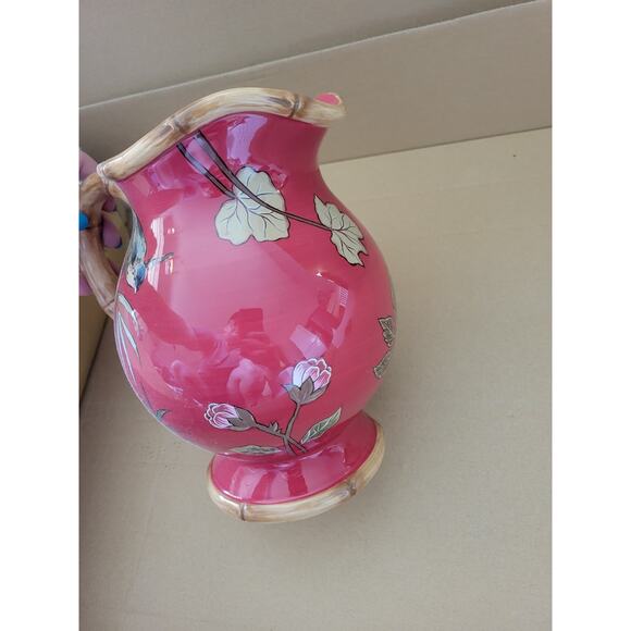 Burton+Burton Ceramic Pitcher Birds Flowers Butterflies Asian RICH DYNASTY Red - Picture 7 of 7